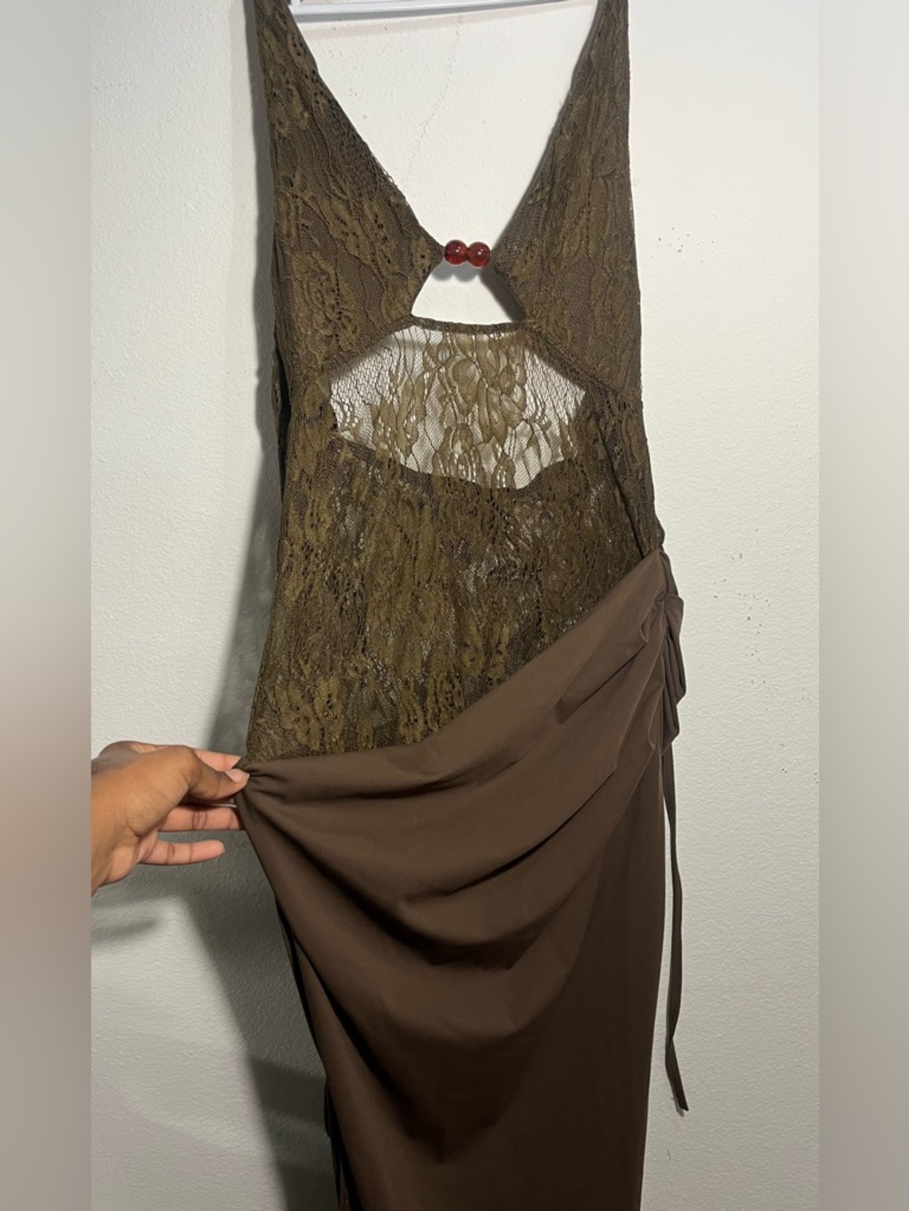 Women’s Olive Brown Lace & Draped Maxi Dress